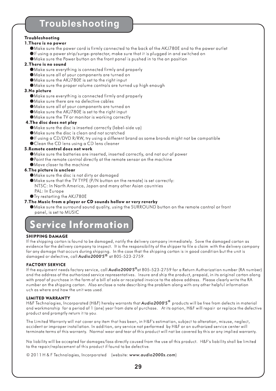 Troubleshooting | Audio2000's AKJ780E User Manual | Page 32 / 32