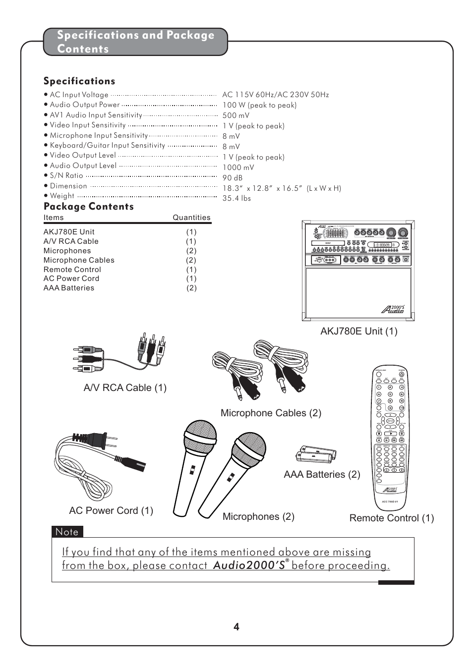 Specifications and package contents | Audio2000's AKJ780E User Manual | Page 7 / 32