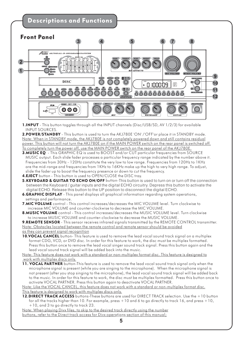 Descriptions and functions, Front panel | Audio2000's AKJ780E User Manual | Page 8 / 32