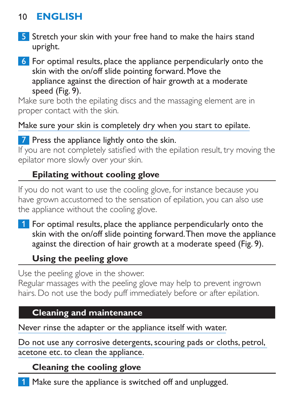 Epilating without cooling glove, Using the peeling glove, Cleaning and maintenance | Cleaning the cooling glove | Philips Satinelle Epilierer User Manual | Page 10 / 88