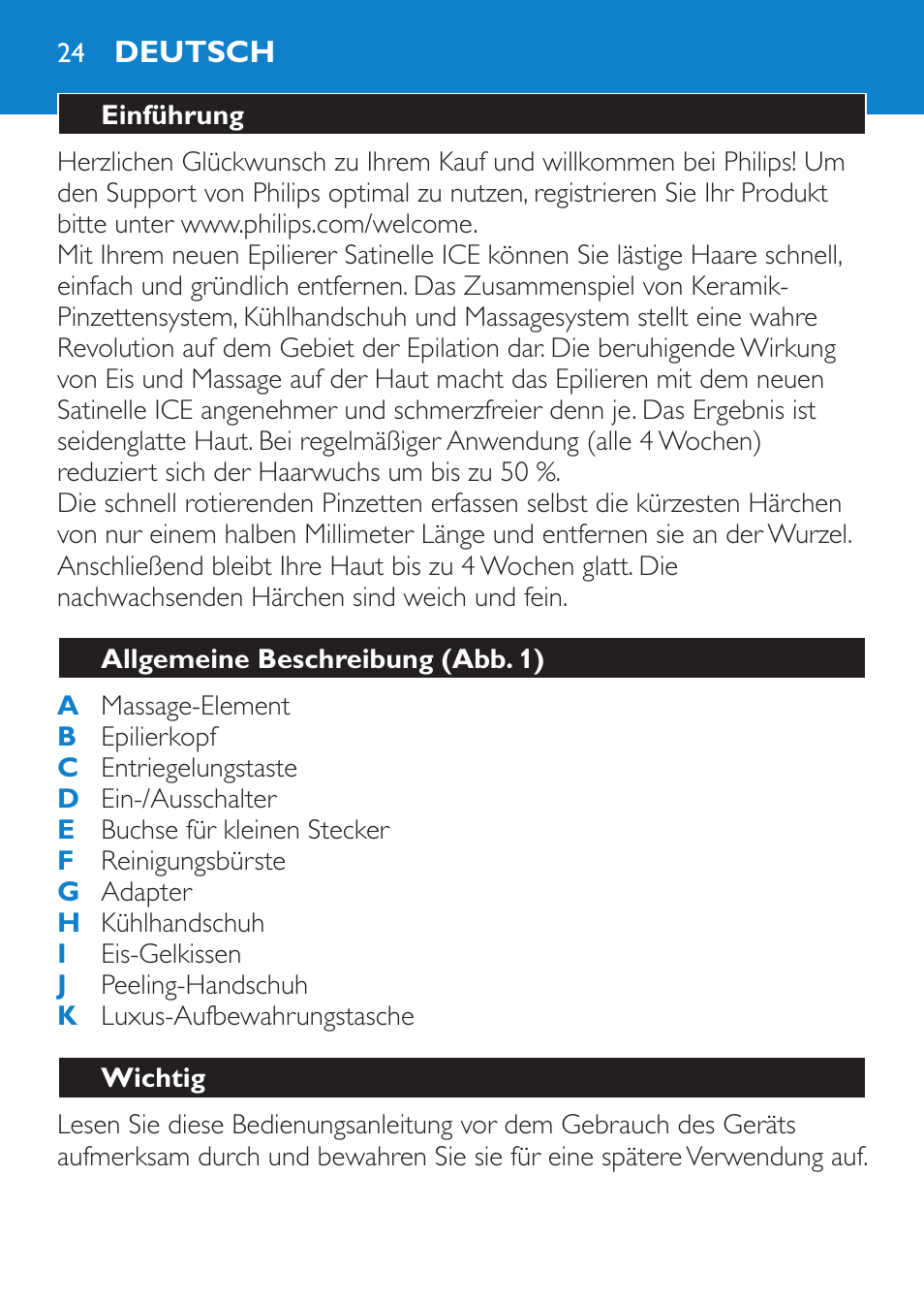 Deutsch, Einführung, Allgemeine beschreibung (abb. 1) | Wichtig | Philips Satinelle Epilierer User Manual | Page 24 / 88