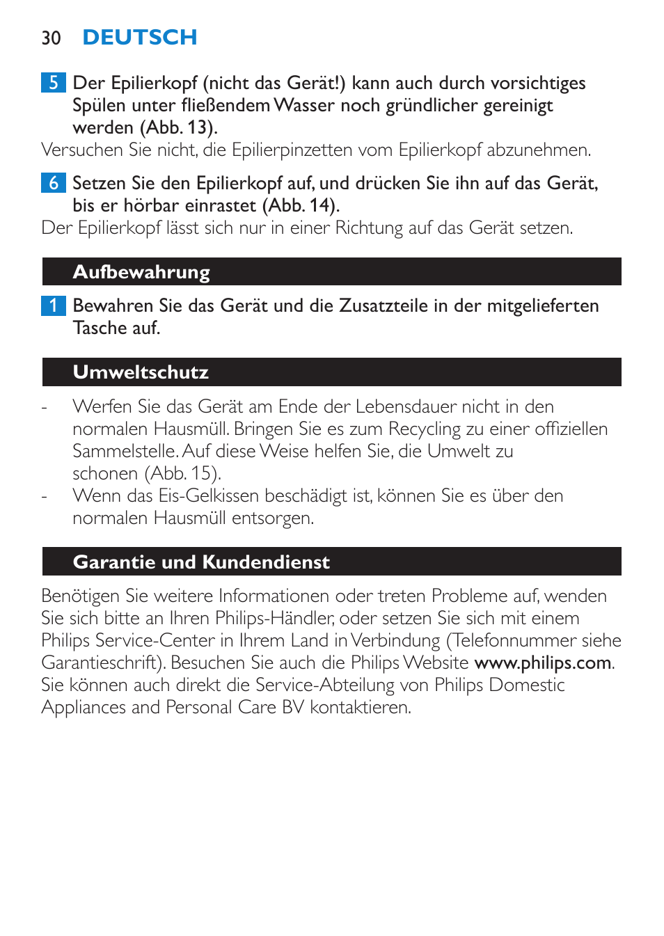 Aufbewahrung, Umweltschutz, Garantie und kundendienst | Philips Satinelle Epilierer User Manual | Page 30 / 88