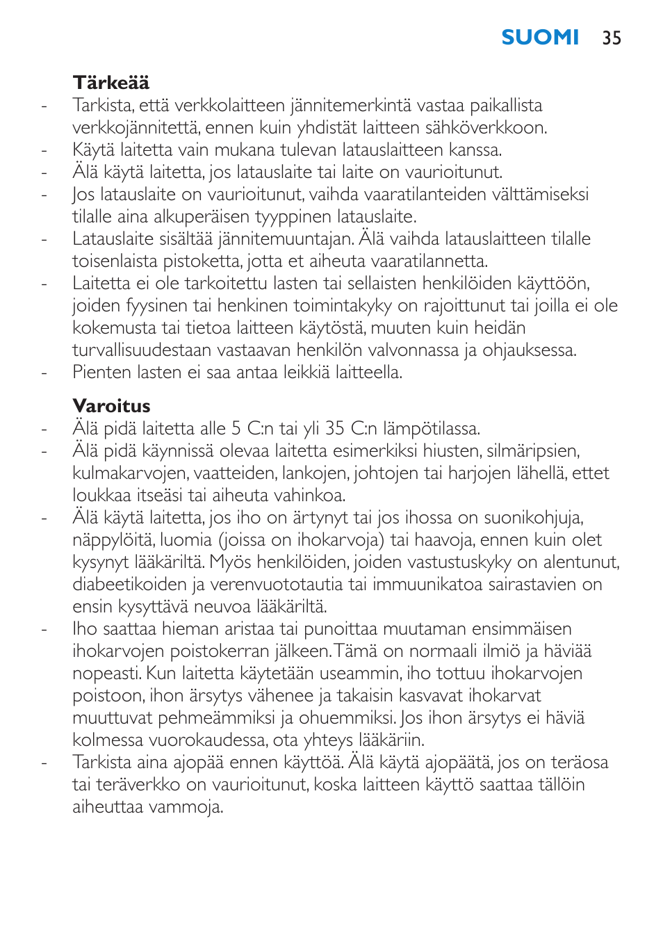 Tärkeää, Varoitus | Philips Satinelle Epilierer User Manual | Page 35 / 88