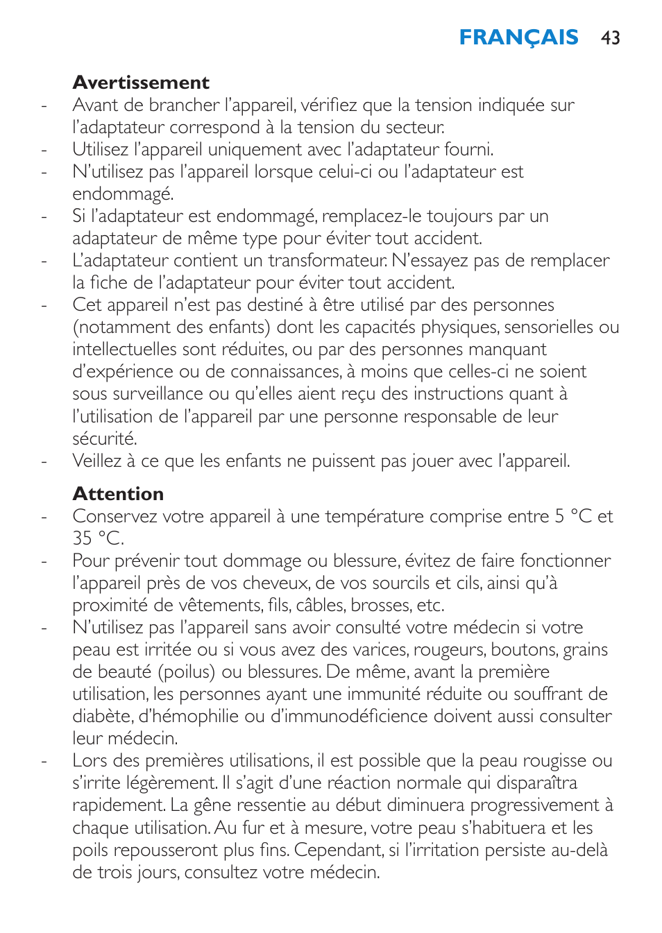 Avertissement, Attention | Philips Satinelle Epilierer User Manual | Page 43 / 88