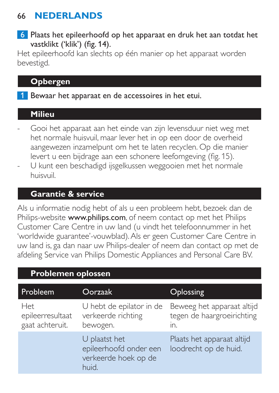 Opbergen, Milieu, Garantie & service | Problemen oplossen | Philips Satinelle Epilierer User Manual | Page 66 / 88