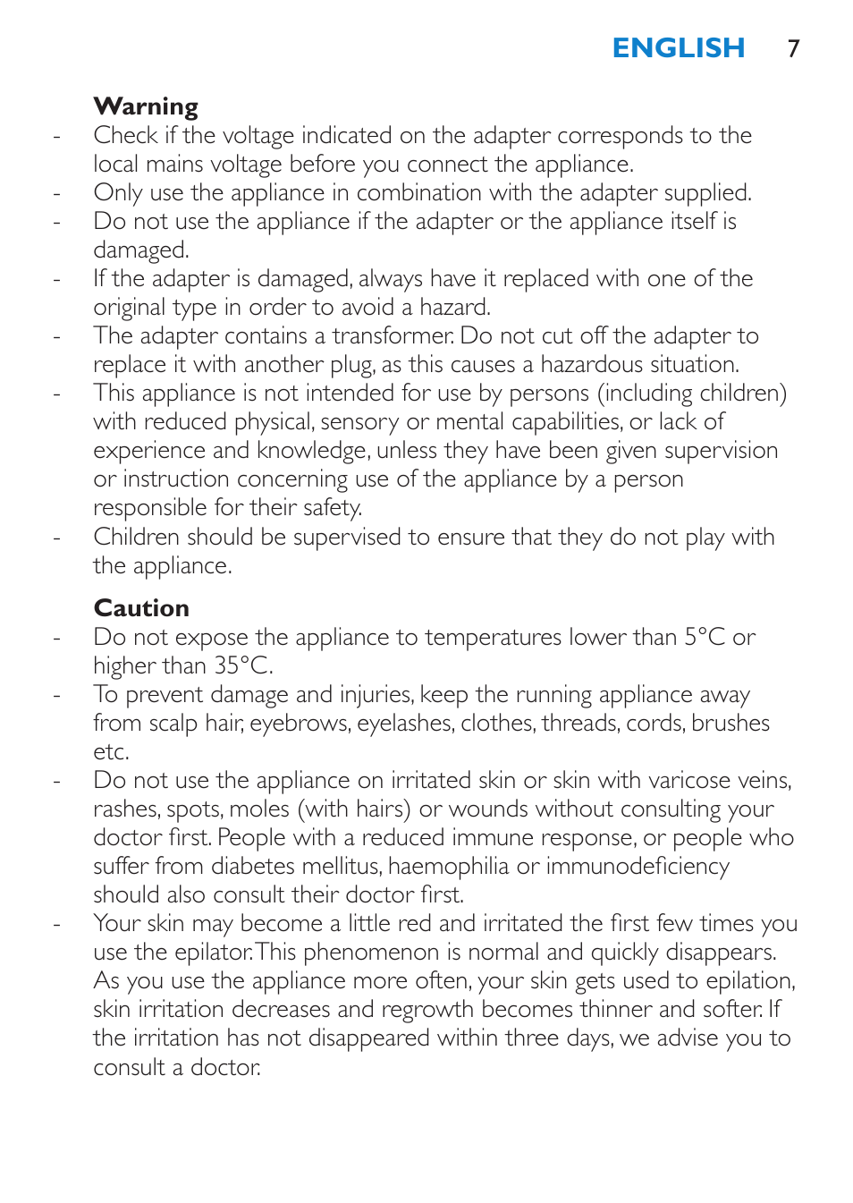 Warning, Caution | Philips Satinelle Epilierer User Manual | Page 7 / 88