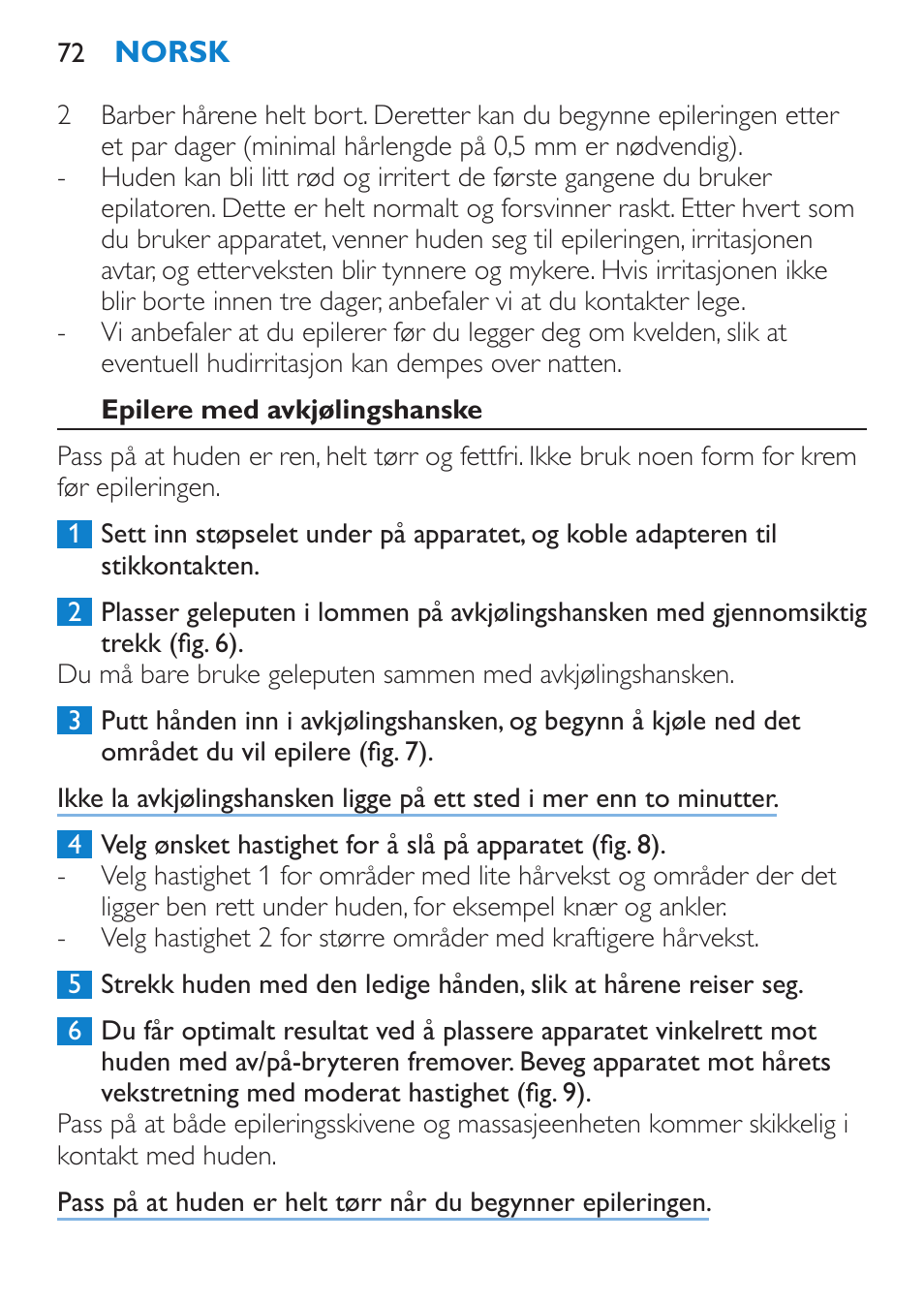 Epilere med avkjølingshanske | Philips Satinelle Epilierer User Manual | Page 72 / 88