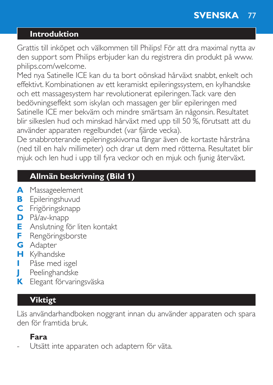 Fara, Svenska, Introduktion | Allmän beskrivning (bild 1), Viktigt | Philips Satinelle Epilierer User Manual | Page 77 / 88