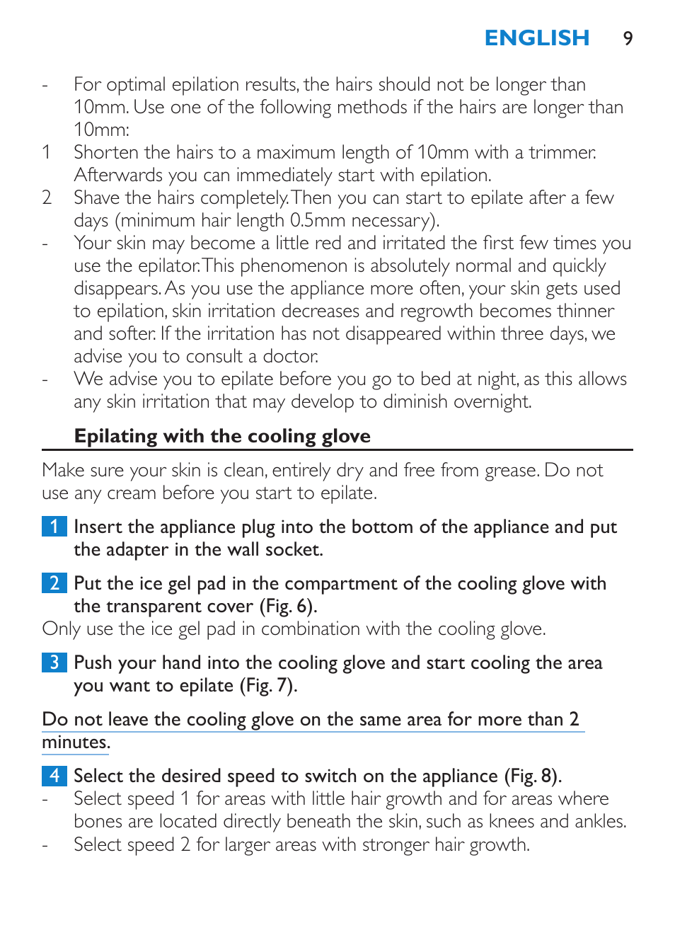Epilating with the cooling glove | Philips Satinelle Epilierer User Manual | Page 9 / 88