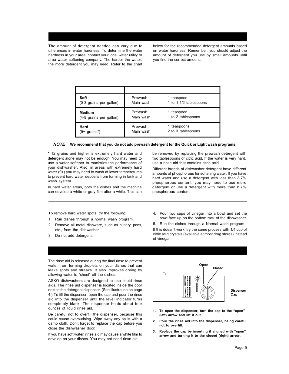 Amount of detergent to use, Rinse aid dispenser | ASKO D1776 User Manual | Page 5 / 12