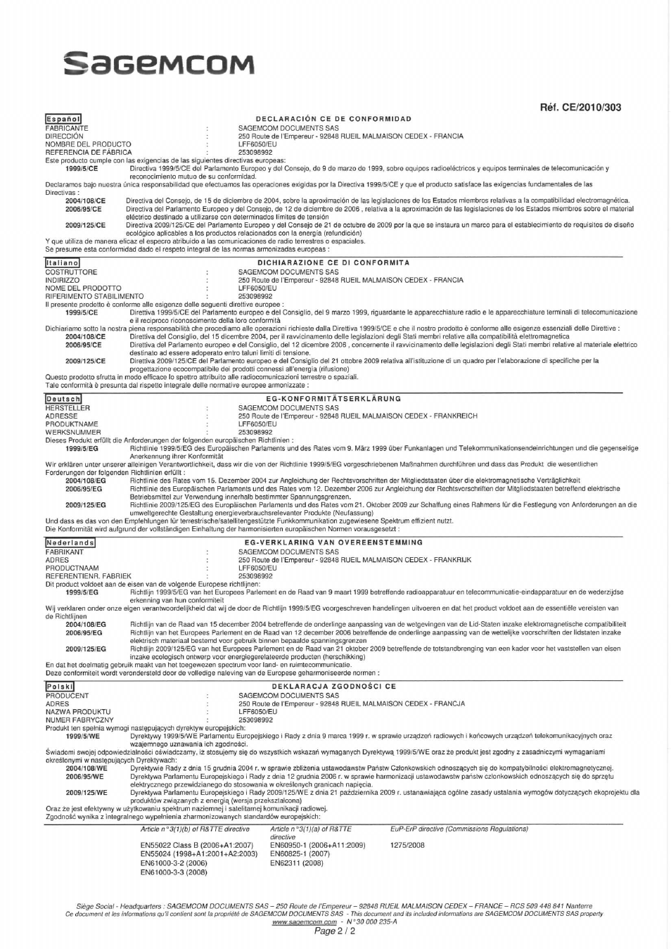 Réf. се/2010/303, Бэсемсом | Philips Laserfax mit Drucker Scanner und WLAN User Manual | Page 2 / 2