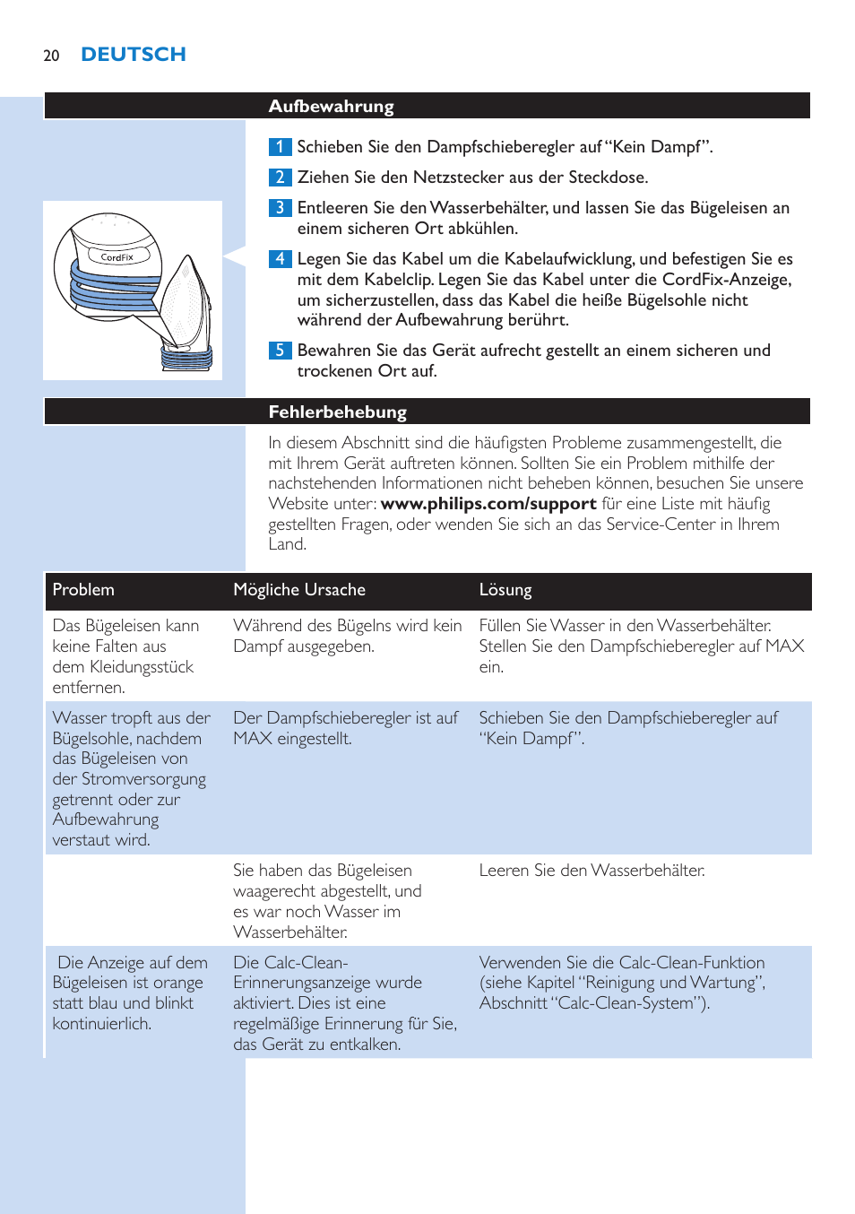 Philips PerfectCare Azur Dampfbügeleisen User Manual | Page 20 / 42