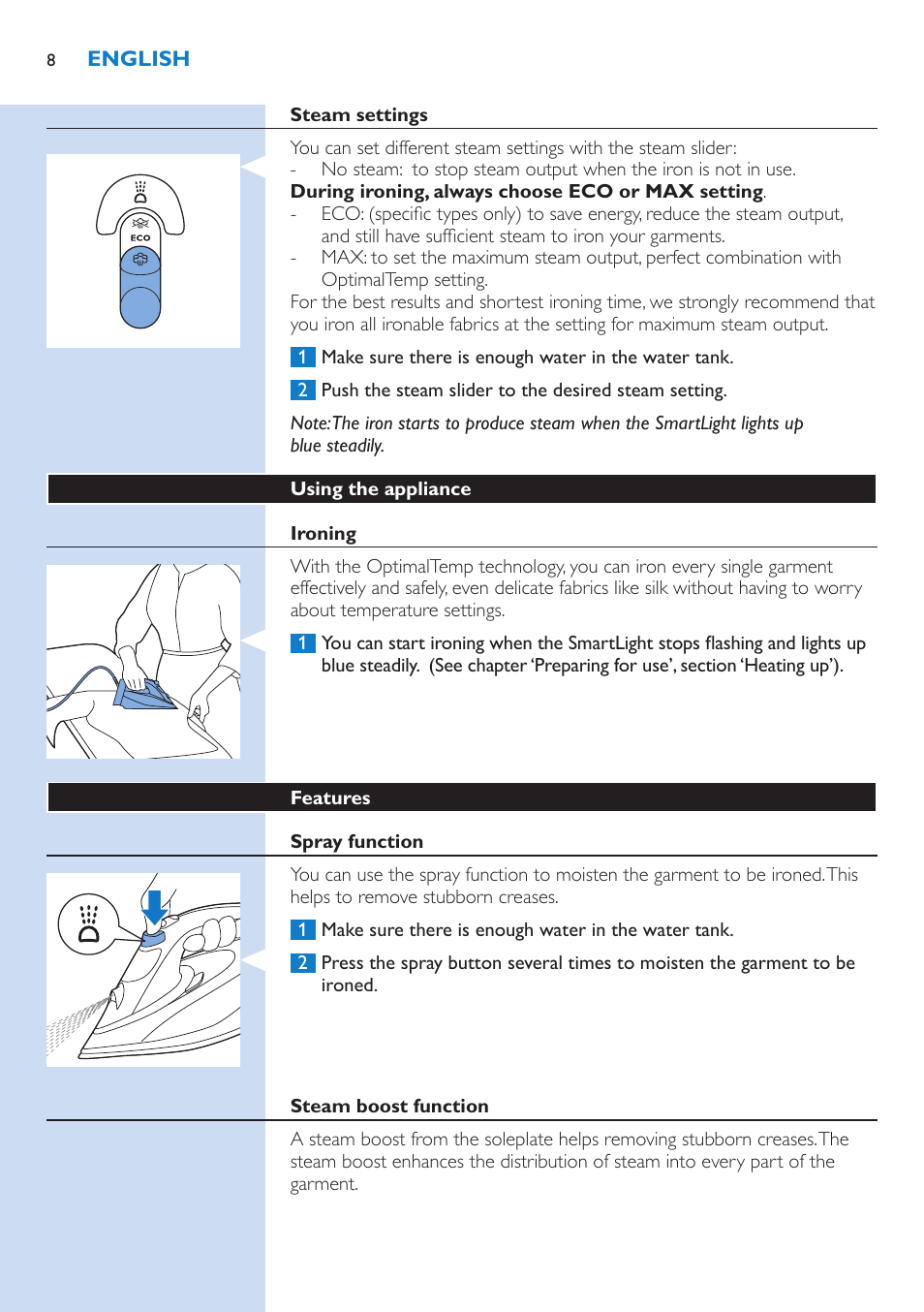 Philips PerfectCare Azur Dampfbügeleisen User Manual | Page 8 / 42