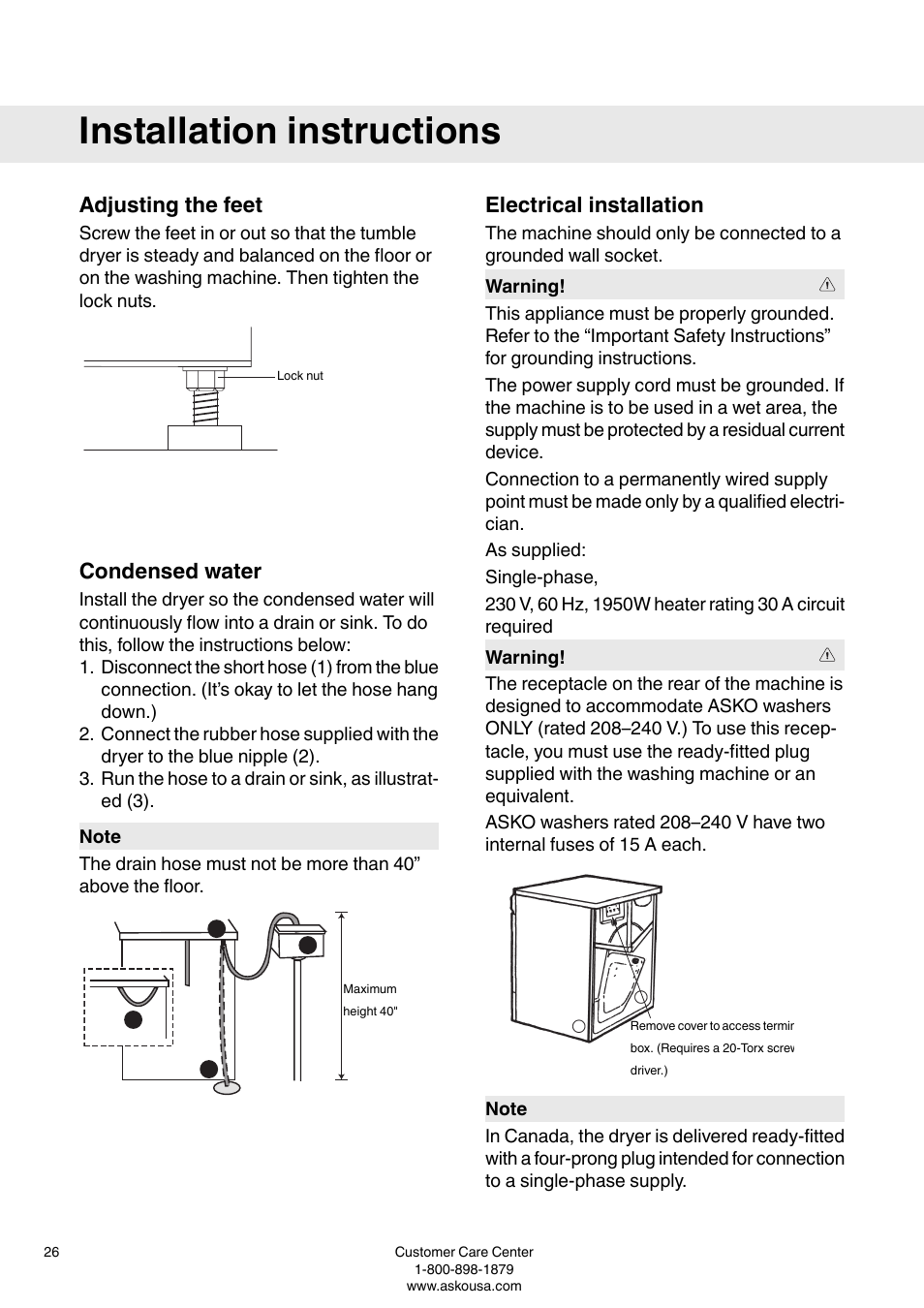 Adjusting the feet, Condensed water, Electrical installation | Installation instructions | ASKO T793C User Manual | Page 26 / 32