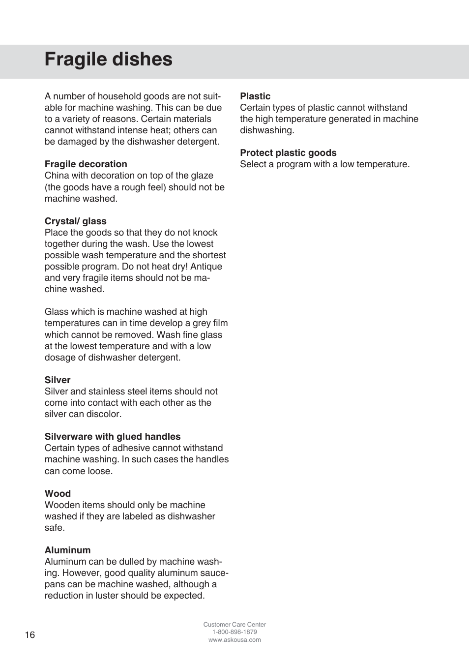 Fragile dishes | ASKO D3152 User Manual | Page 16 / 28