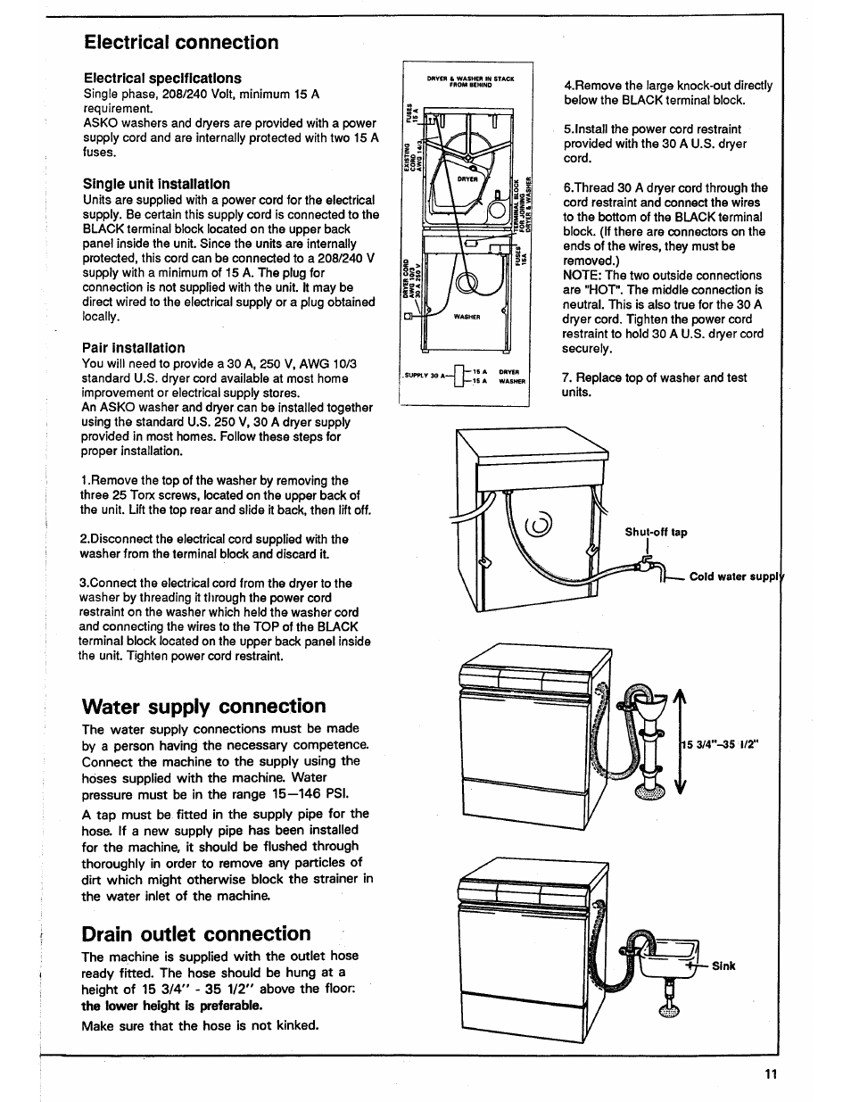 Electrical specifications, Single unit installation, Pair installation | Electrical connection, Water supply connection, Drain outlet connection | ASKO 12004 User Manual | Page 11 / 16
