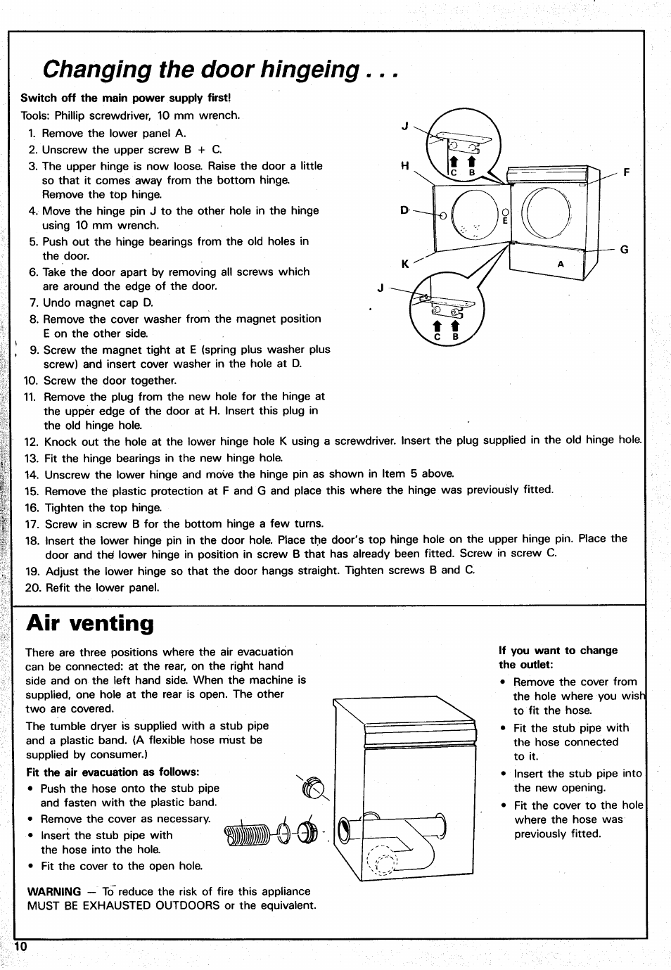 Switch off the main power supply first, Air venting, Changing the door hingeing | ASKO 7304 User Manual | Page 10 / 12