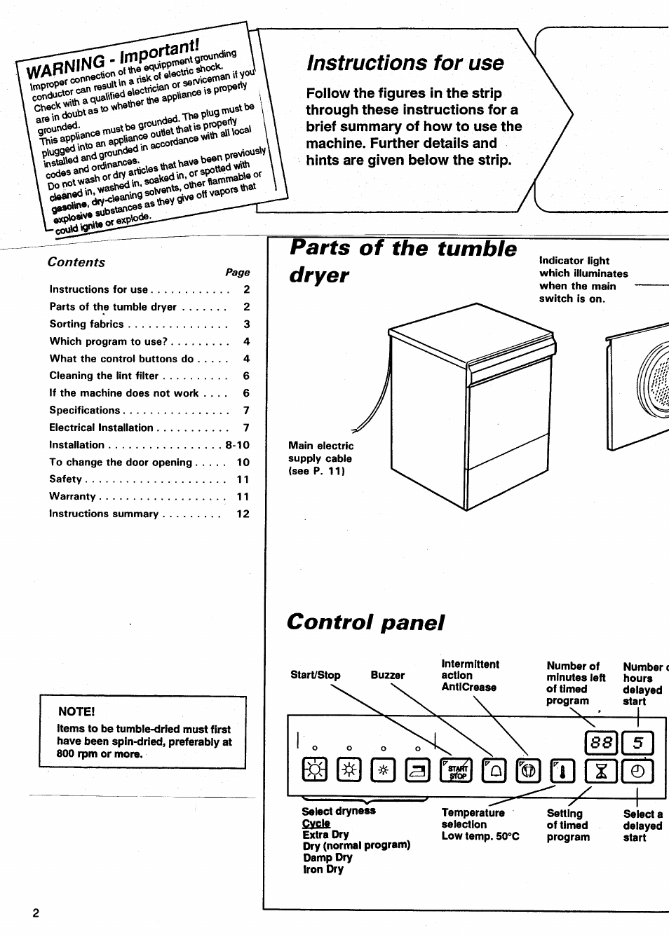 Instructions for use, Parts of the tumble dryer, Control panel | ASKO 7304 User Manual | Page 2 / 12