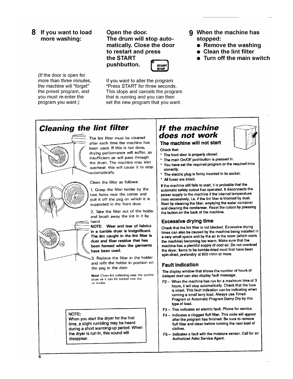 Cleaning the lint filter, If the machine does not work, 8 if you want to load more washing | 9 when the machine has stopped | ASKO 7304 User Manual | Page 6 / 12