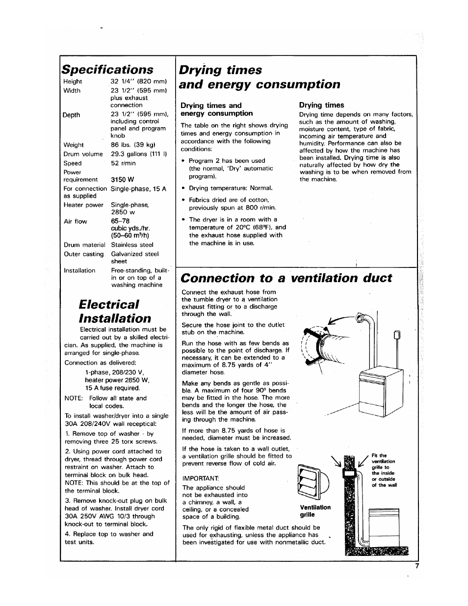 Specifications, Electrical, Installation | Drying times, And energy consumption, Drying times and energy consumption, Connection to a ventilation duct, Electrical installation | ASKO 7304 User Manual | Page 7 / 12