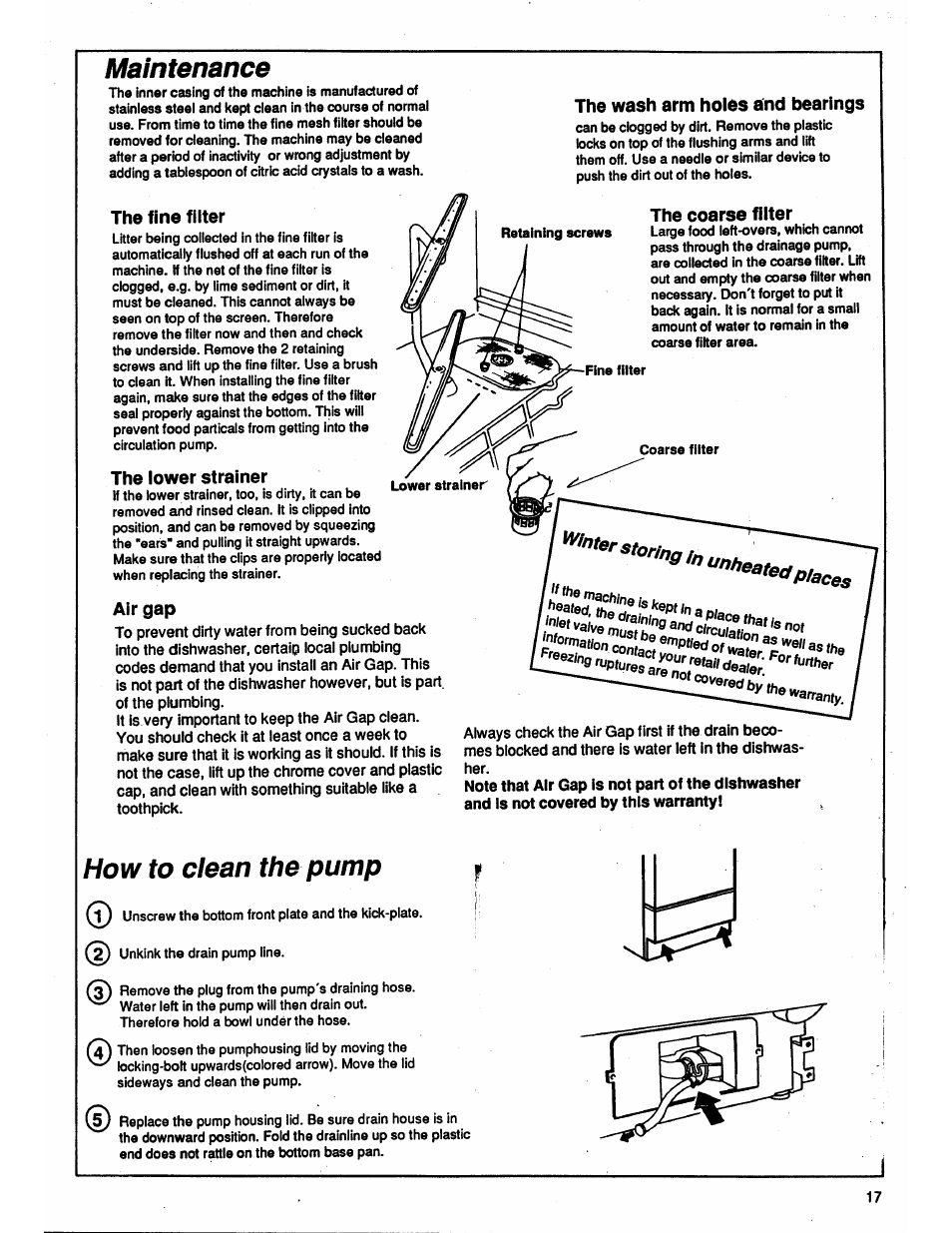Maintenance, The fine filter, The lower strainer | Air gap, The wash arm holes and bearings, The coarse filter, How to clean the pump | ASKO 1653 User Manual | Page 13 / 20