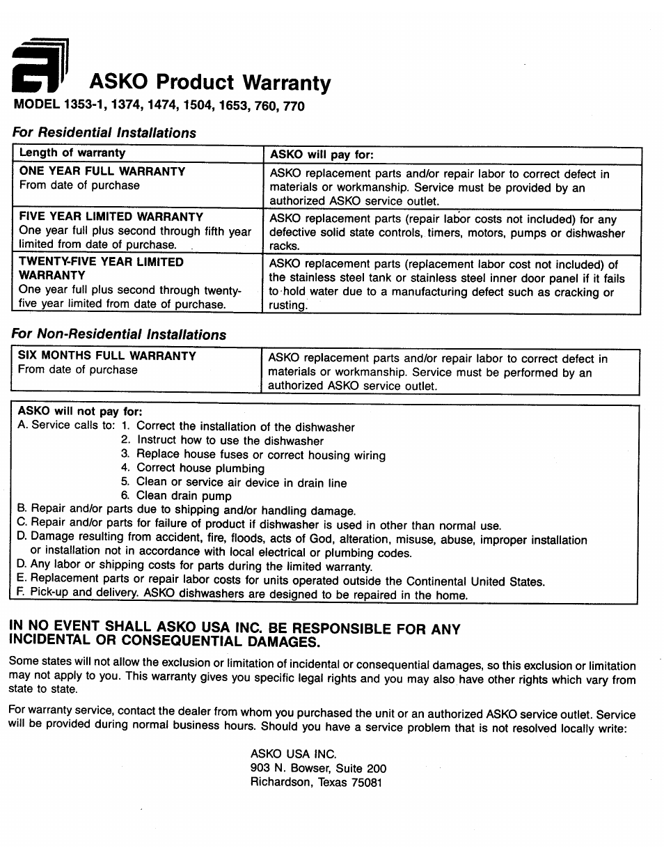 Asko product warranty, For residential installations, For non-residential installations | ASKO 1653 User Manual | Page 19 / 20