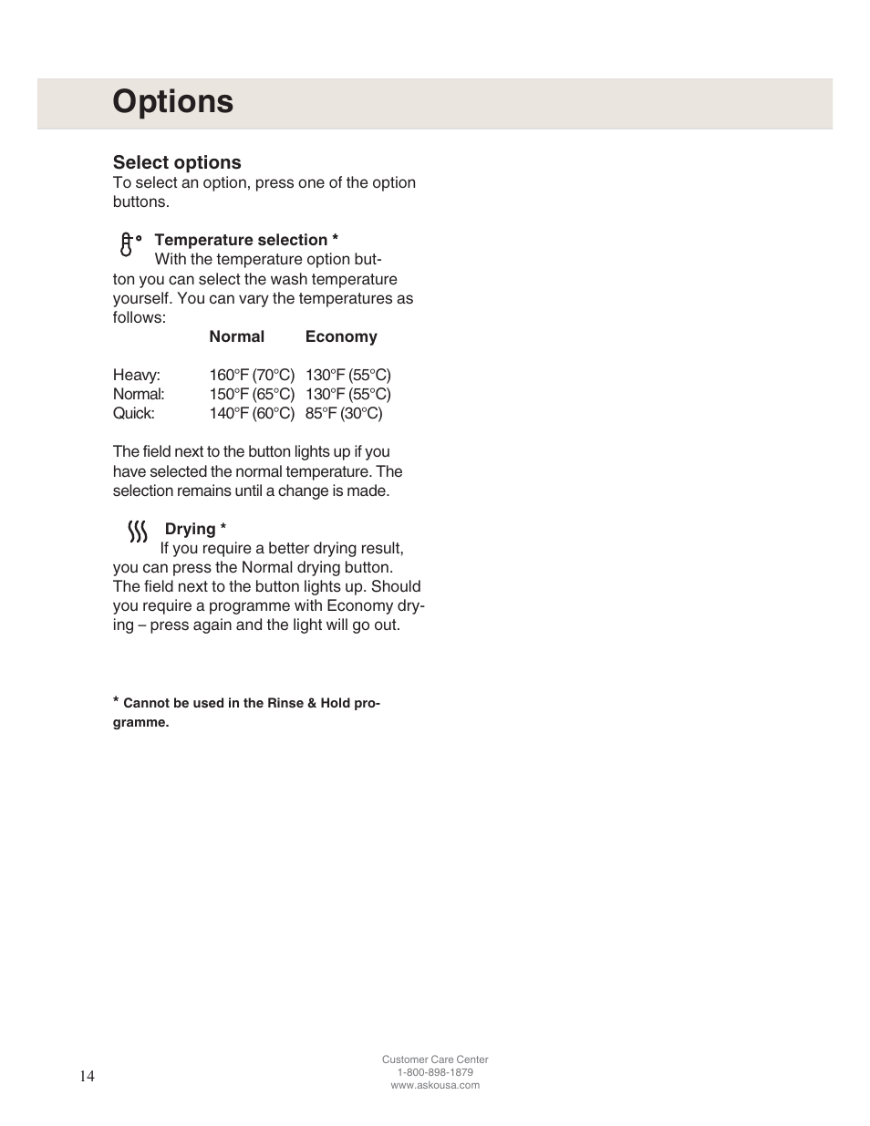 Options | ASKO D5122 User Manual | Page 14 / 28