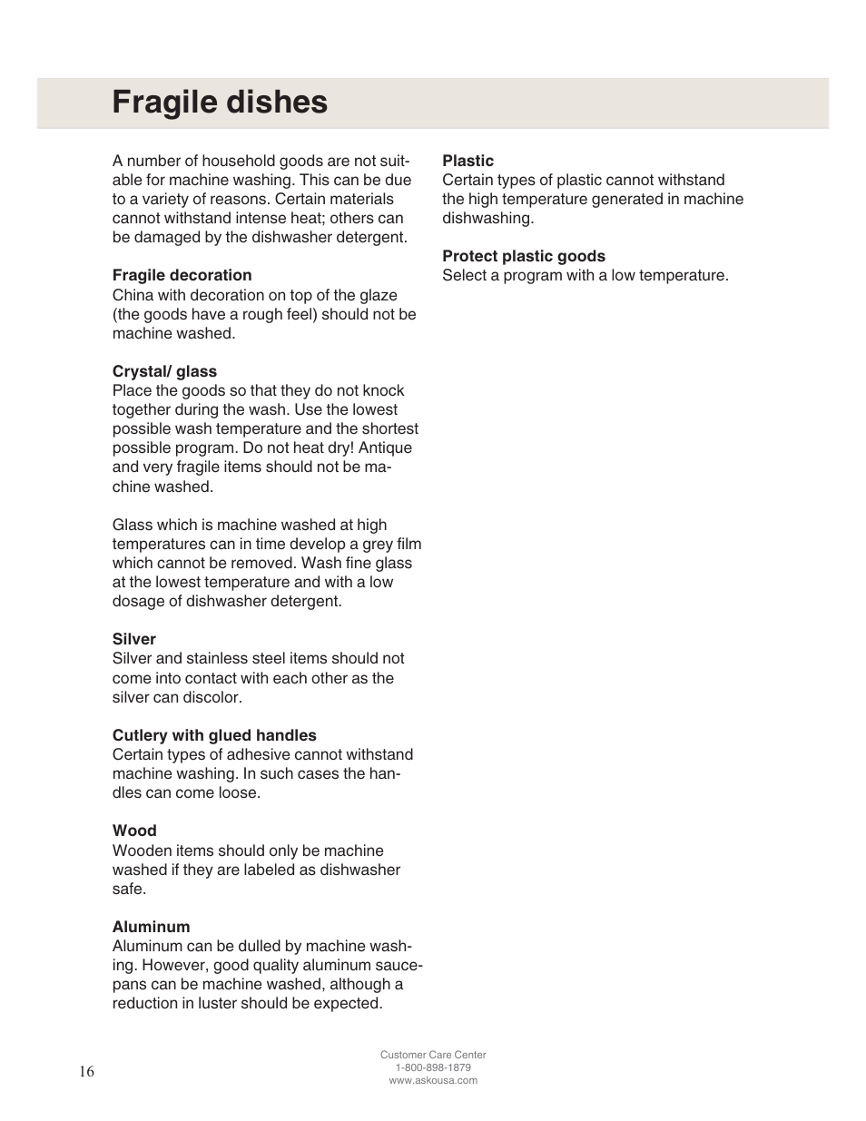 Fragile dishes | ASKO D5122 User Manual | Page 16 / 28