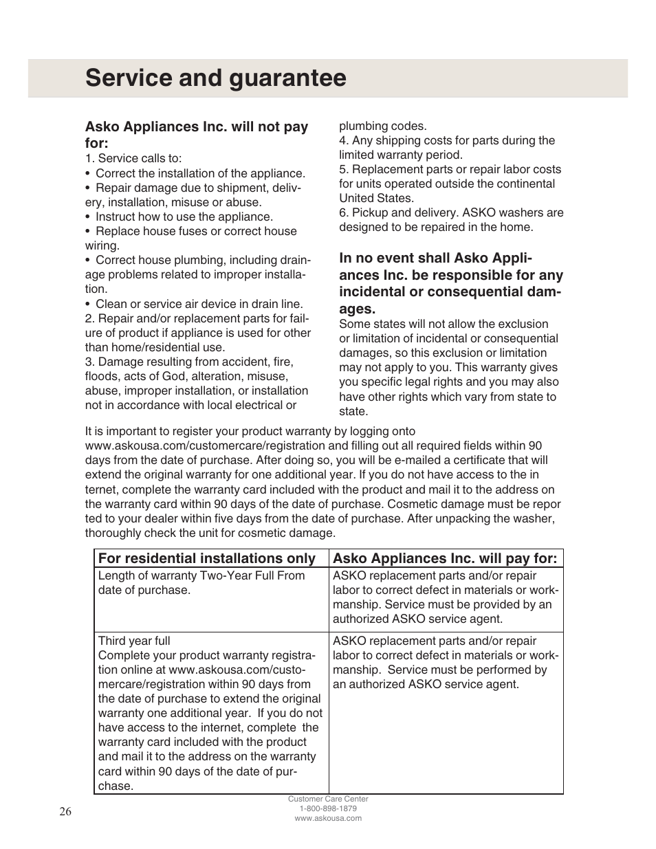 Service and guarantee | ASKO D5122 User Manual | Page 26 / 28