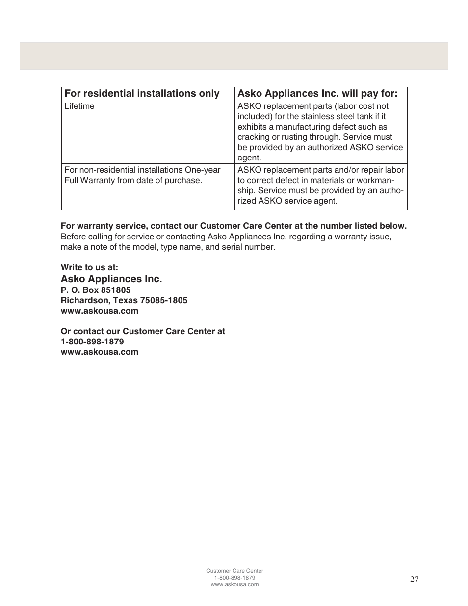 Asko appliances inc | ASKO D5122 User Manual | Page 27 / 28