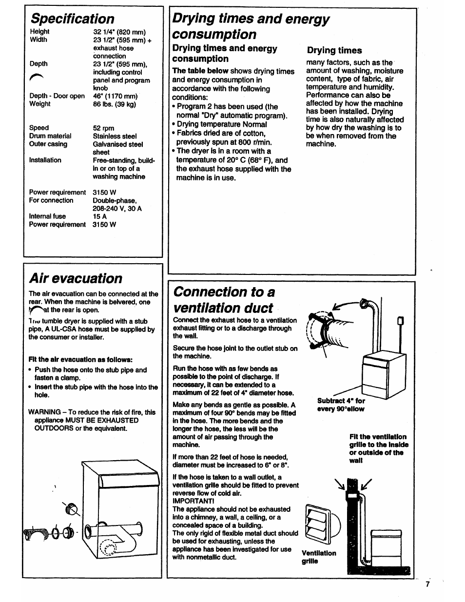 Air evacuation, Drying times and energy consumption, Connection to a ventiiation duct | Specification | ASKO 7005 User Manual | Page 7 / 12