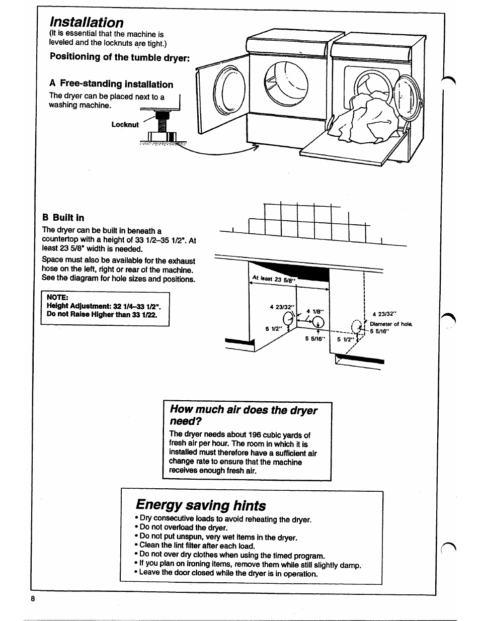 Installation, Positioning of the tumbie dryer, A free-standing instailation | Energy saving hints, Positioning the tumble dryer, How much air does the dryer need | ASKO 7005 User Manual | Page 8 / 12