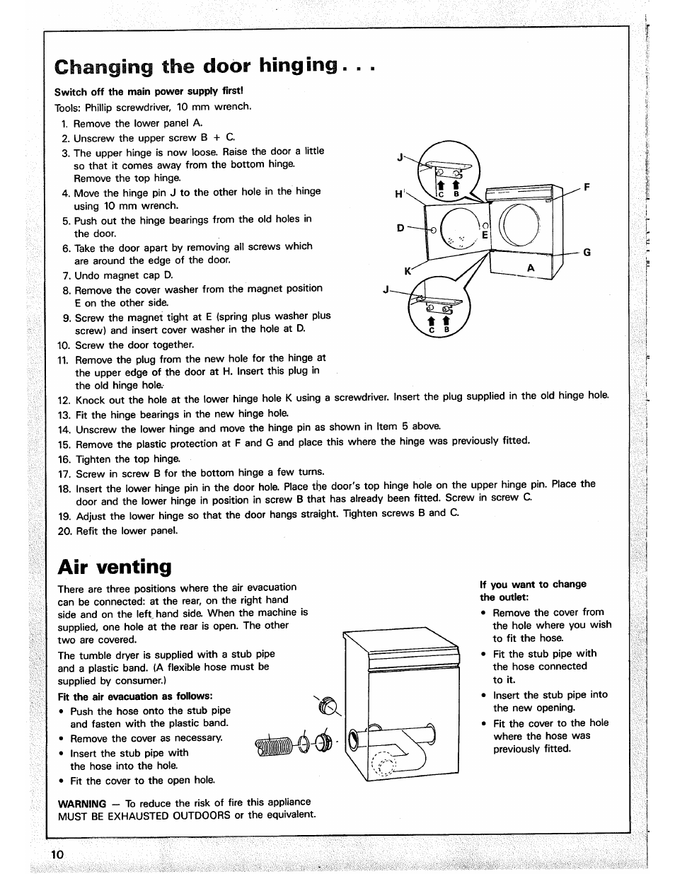 Changing the door hinging, Air venting, Changing the door hingeing | Changing the, Hinging, Door | ASKO 7004 User Manual | Page 10 / 12