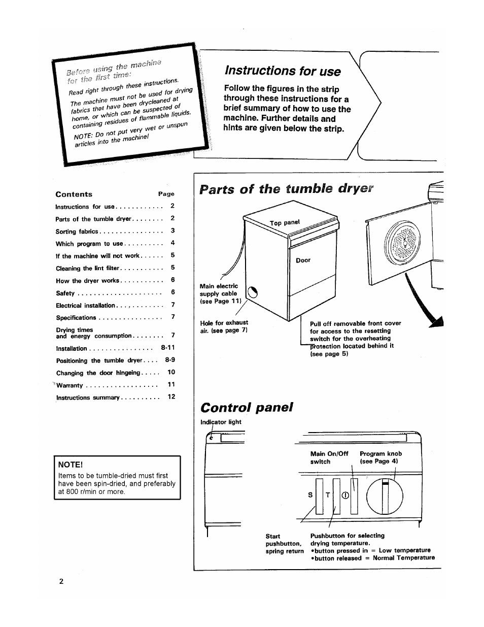 Instructions for use, Parts of the tumble dryer, Control panel | The machkts, Read right | ASKO 7004 User Manual | Page 2 / 12