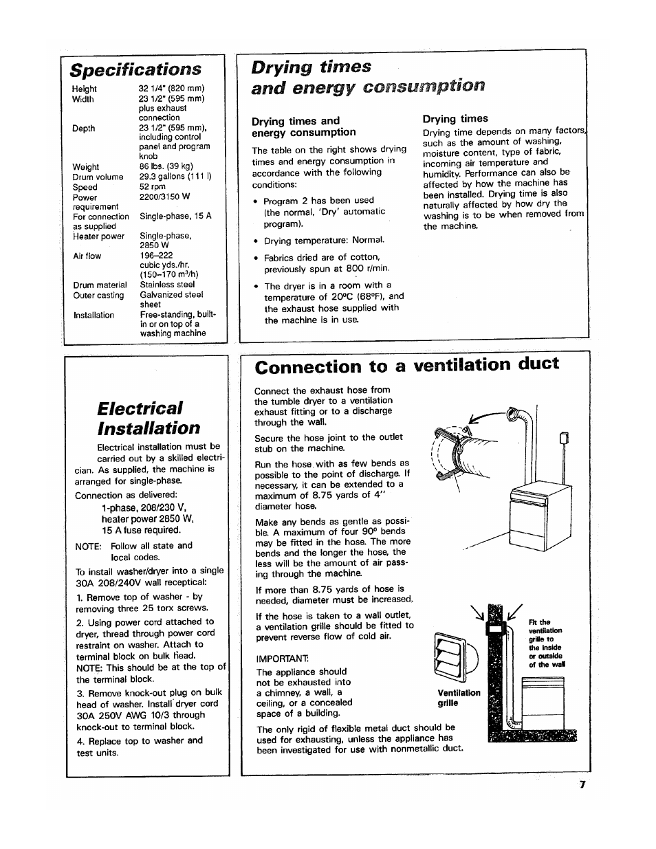 Drying times and energy consumption, Drying times, Electrical installation | Connection to a ventilation duct, Specifications | ASKO 7004 User Manual | Page 7 / 12