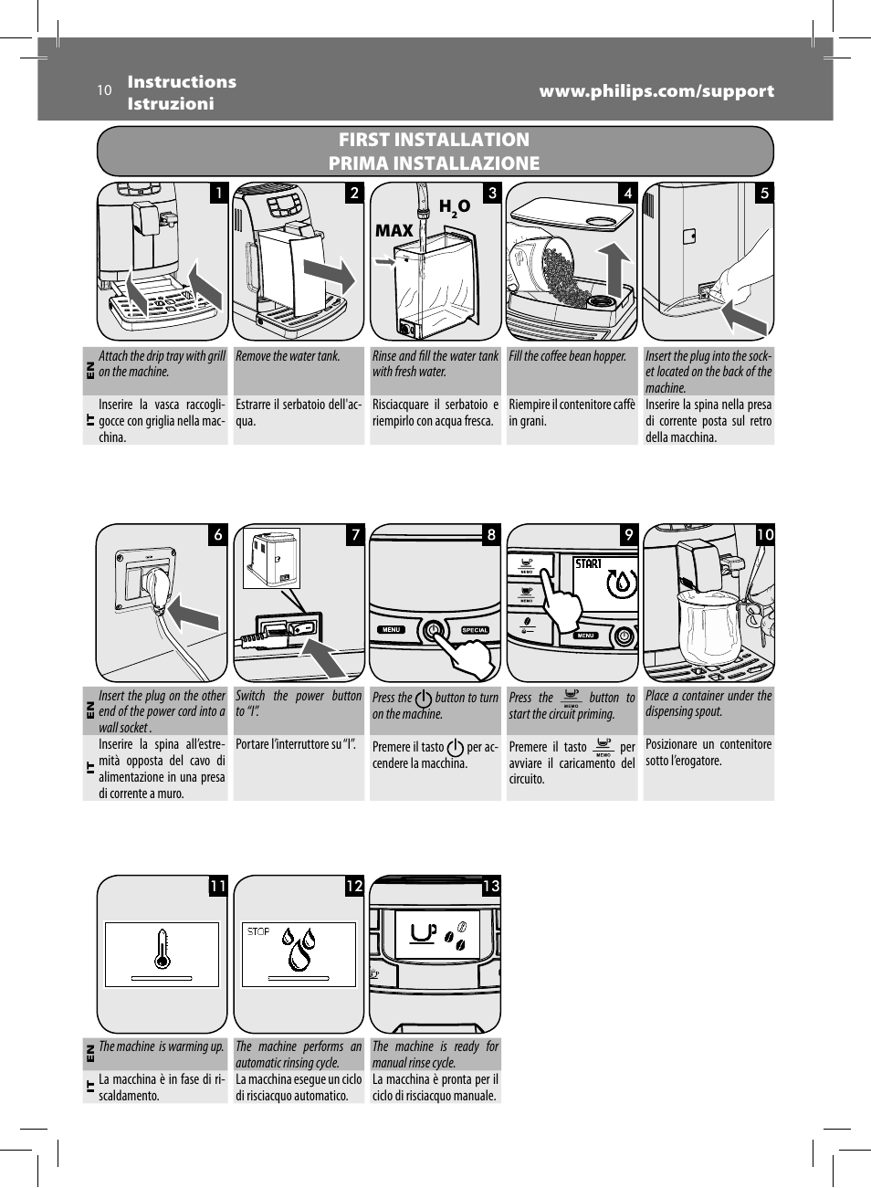 First installation prima installazione | Philips Saeco Intelia Evo Kaffeevollautomat User Manual | Page 10 / 60