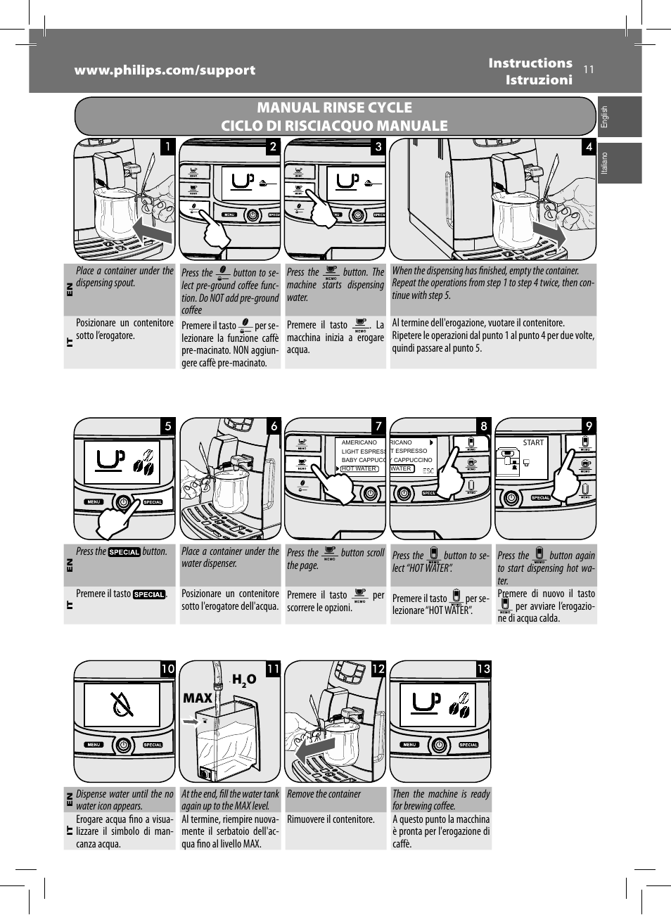 Manual rinse cycle ciclo di risciacquo manuale, Omax | Philips Saeco Intelia Evo Kaffeevollautomat User Manual | Page 11 / 60