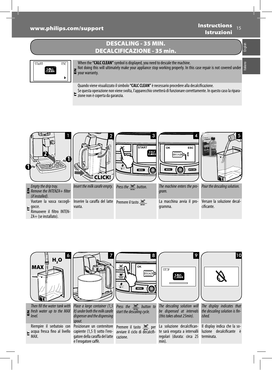 Descaling - 35 min. decalcificazione - 35 min | Philips Saeco Intelia Evo Kaffeevollautomat User Manual | Page 15 / 60