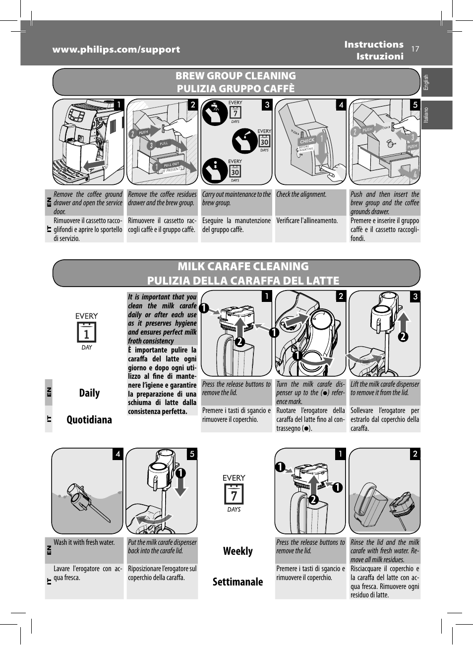 Daily, Quotidiana, Weekly | Settimanale | Philips Saeco Intelia Evo Kaffeevollautomat User Manual | Page 17 / 60