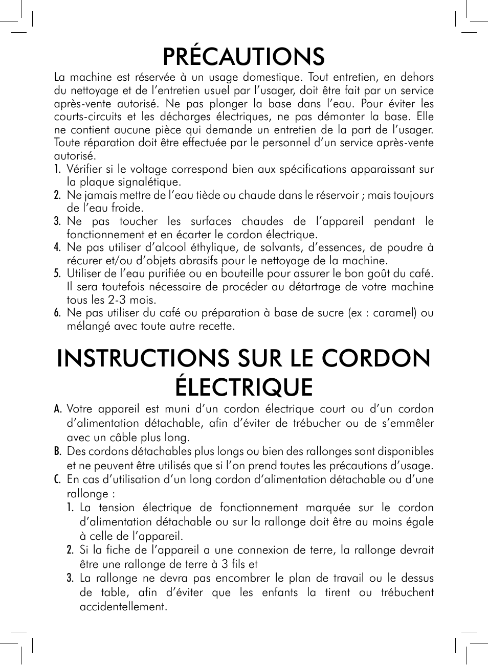 Précautions, Instructions sur le cordon électrique | Philips Saeco Intelia Evo Kaffeevollautomat User Manual | Page 25 / 60