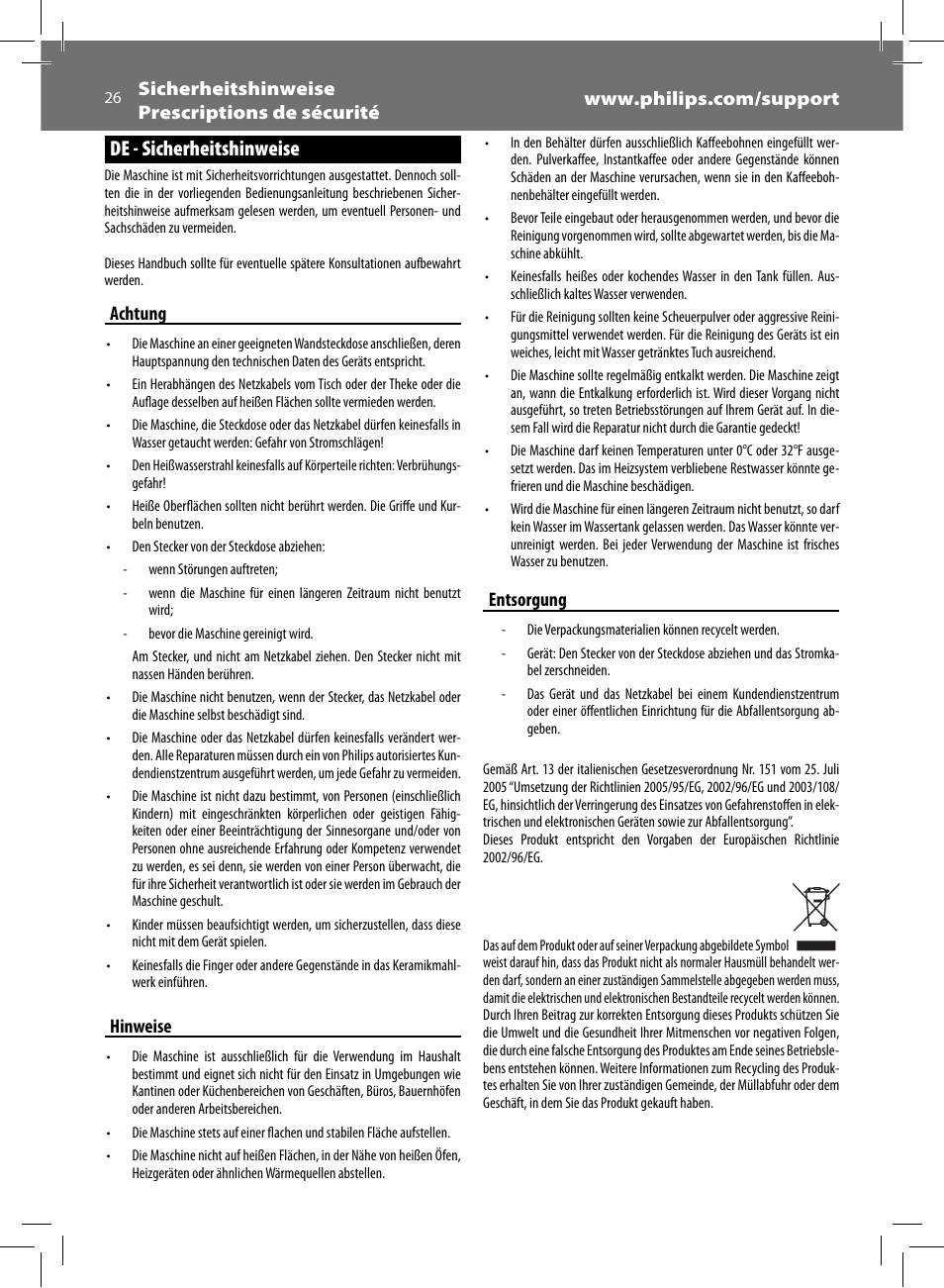 De - sicherheitshinweise, Achtung, Hinweise | Entsorgung | Philips Saeco Intelia Evo Kaffeevollautomat User Manual | Page 26 / 60