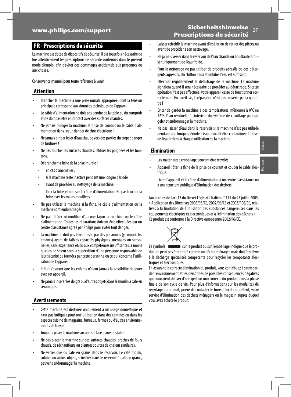 Fr - prescriptions de sécurité, Attention, Avertissements | Élimination | Philips Saeco Intelia Evo Kaffeevollautomat User Manual | Page 27 / 60