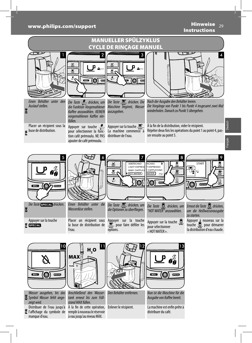 Manueller spülzyklus cycle de rinçage manuel, Omax | Philips Saeco Intelia Evo Kaffeevollautomat User Manual | Page 29 / 60