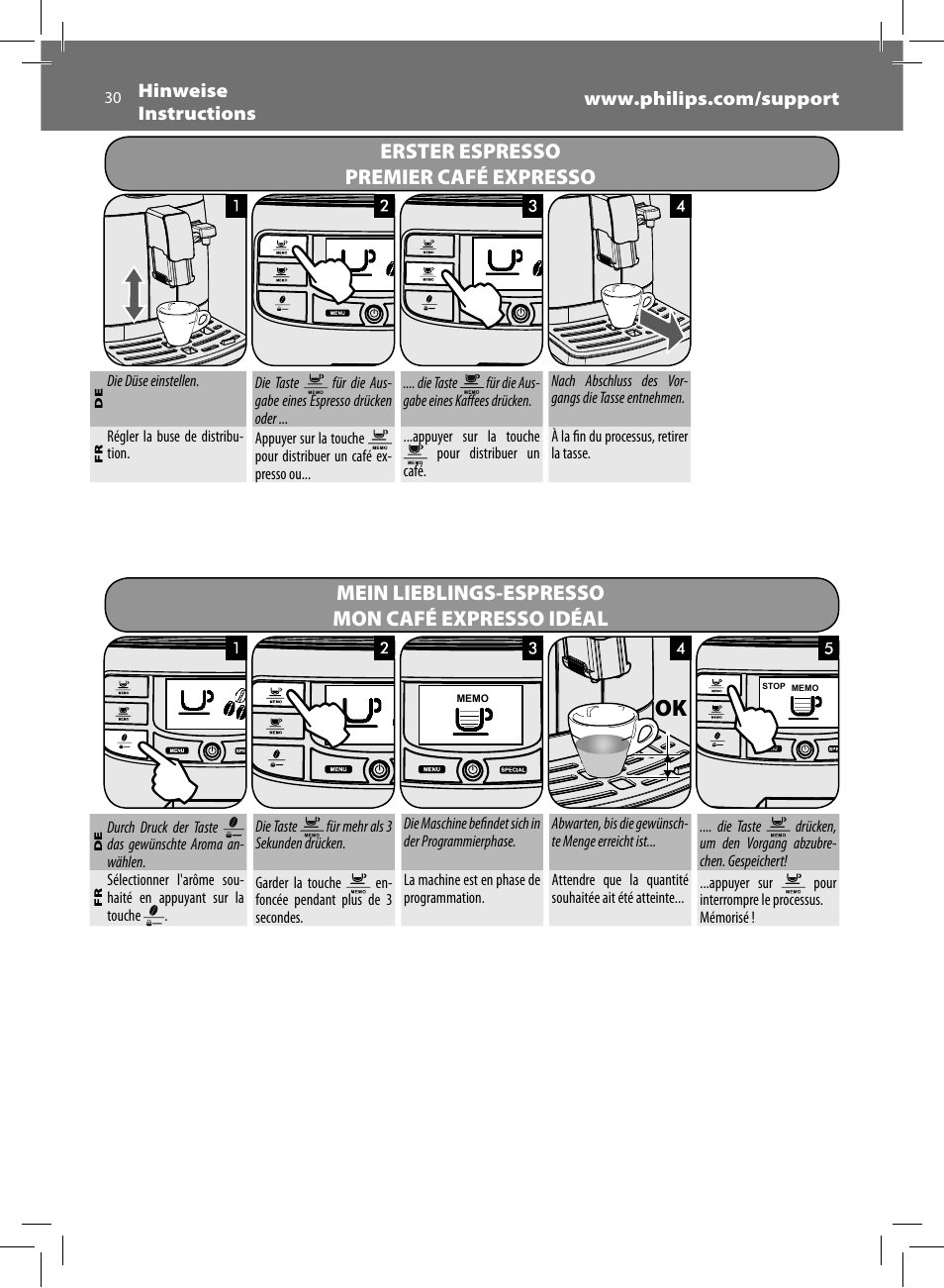 Erster espresso premier café expresso, Mein lieblings-espresso mon café expresso idéal | Philips Saeco Intelia Evo Kaffeevollautomat User Manual | Page 30 / 60