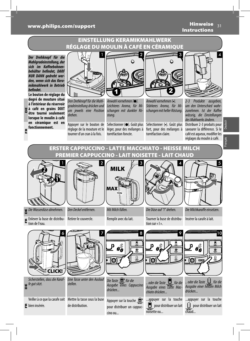 Milk | Philips Saeco Intelia Evo Kaffeevollautomat User Manual | Page 31 / 60