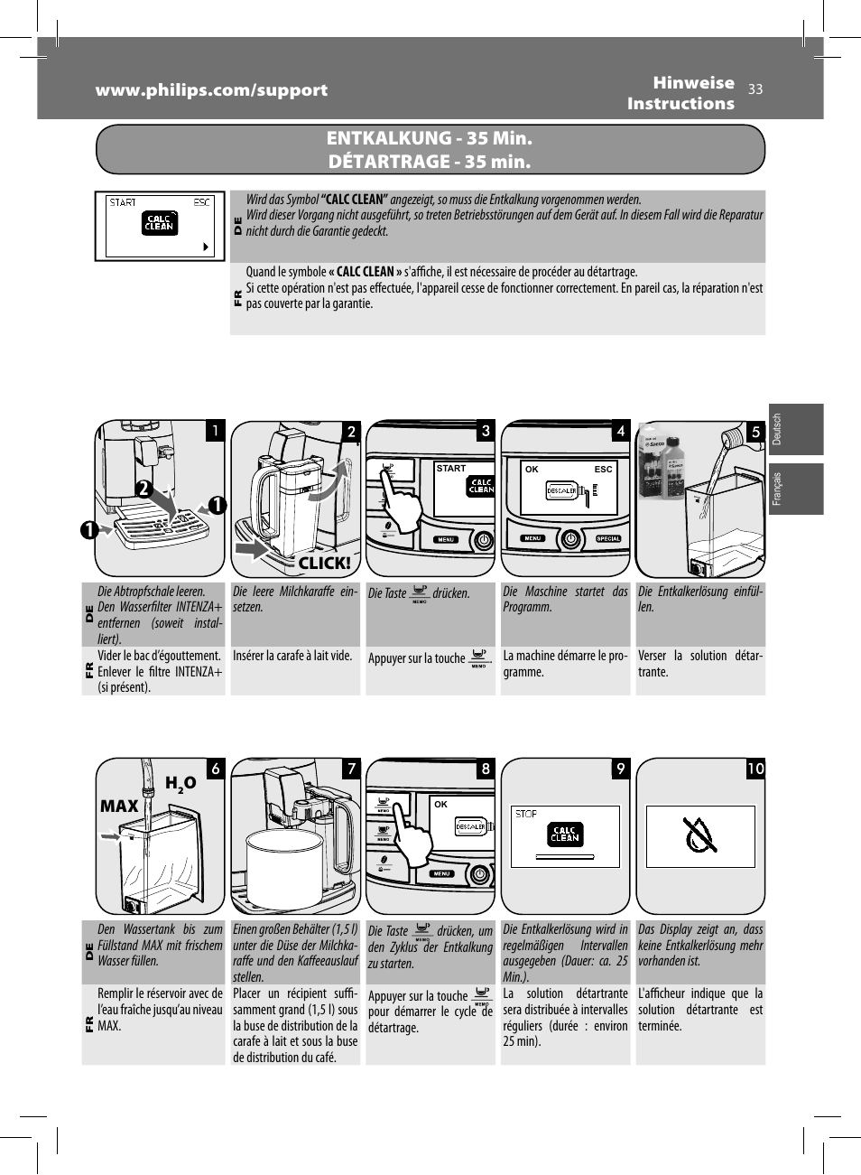 Entkalkung - 35 min. détartrage - 35 min | Philips Saeco Intelia Evo Kaffeevollautomat User Manual | Page 33 / 60