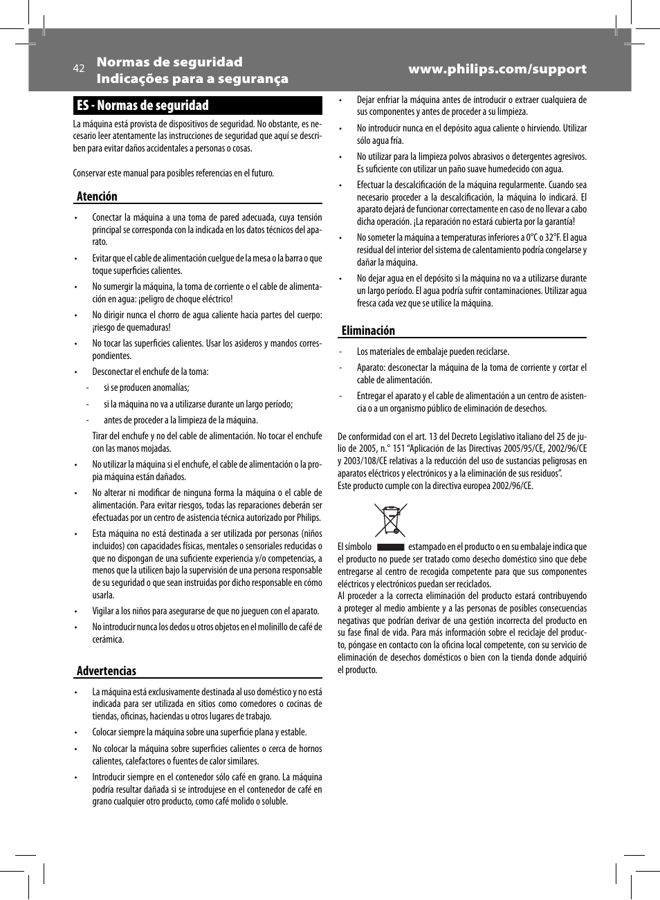 Es - normas de seguridad, Atención, Advertencias | Eliminación | Philips Saeco Intelia Evo Kaffeevollautomat User Manual | Page 42 / 60