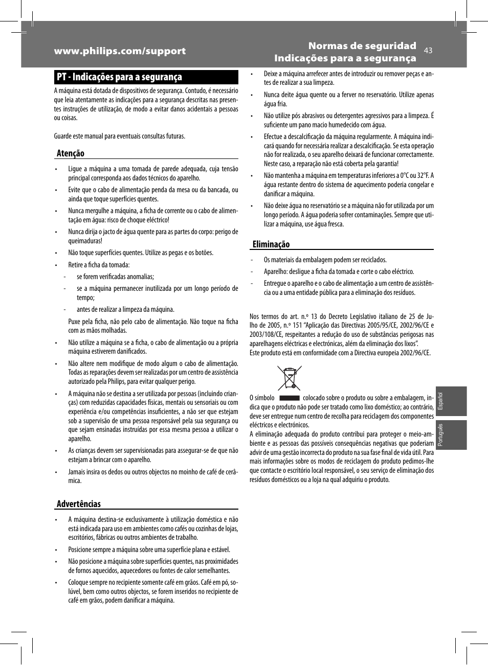 Pt - indicações para a segurança, Atenção, Advertências | Eliminação | Philips Saeco Intelia Evo Kaffeevollautomat User Manual | Page 43 / 60