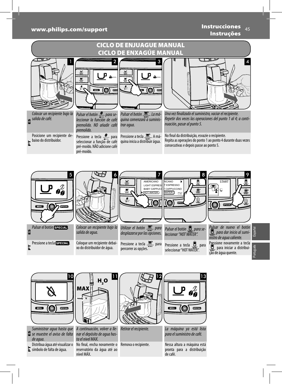 Ciclo de enjuague manual ciclo de enxagúe manual, Omax | Philips Saeco Intelia Evo Kaffeevollautomat User Manual | Page 45 / 60