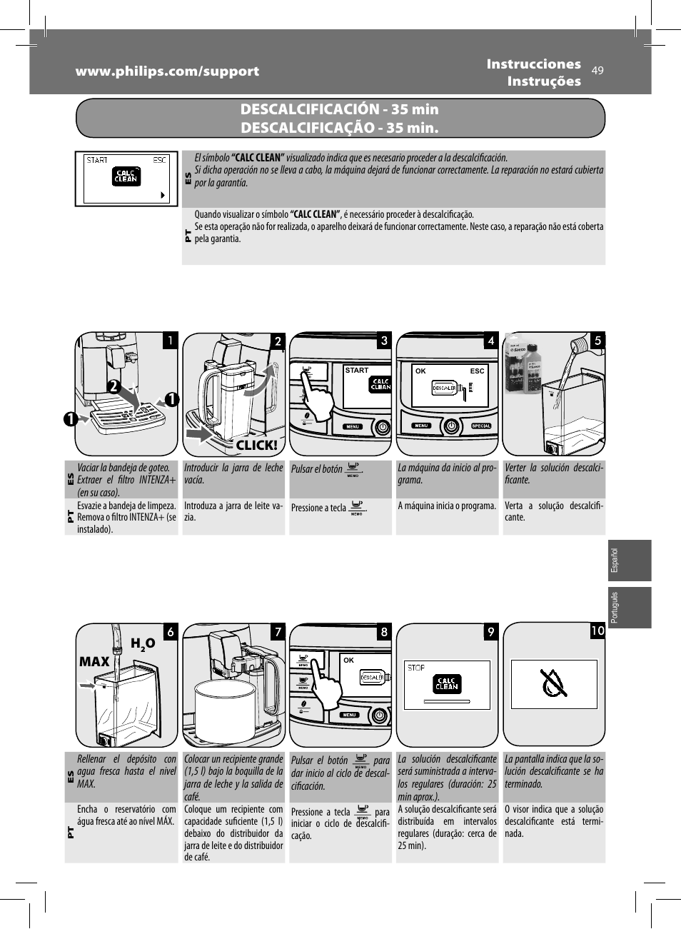 Descalcificación - 35 min descalcificação - 35 min, Omax, Click | Philips Saeco Intelia Evo Kaffeevollautomat User Manual | Page 49 / 60